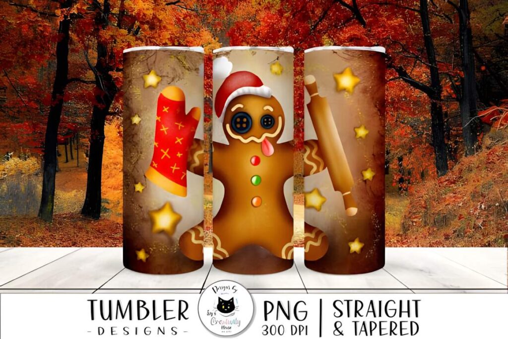 Christmas tumbler sublimation designs featuring a gingerbread man, stars, and holiday baking elements on a brown background