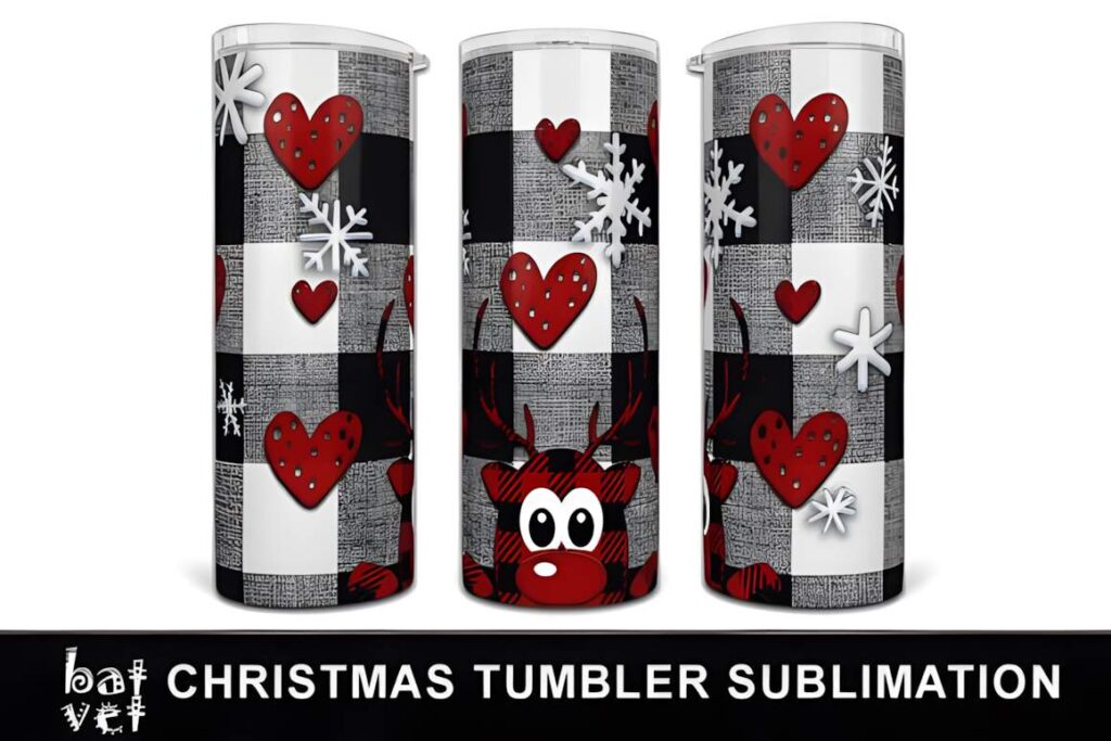 Christmas tumbler sublimation designs with black-and-white plaid, red hearts, white snowflakes, and reindeer