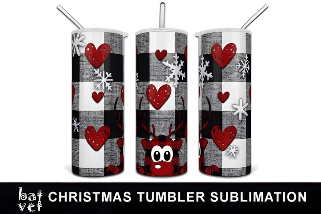 Christmas tumbler sublimation designs with black-and-white plaid, red hearts, white snowflakes, and reindeer face
