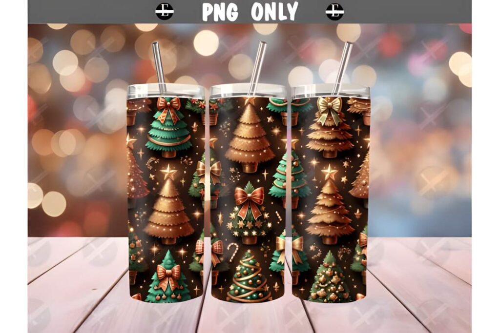 Christmas tumbler sublimation designs with gold and green Christmas tree patterns on skinny tumblers