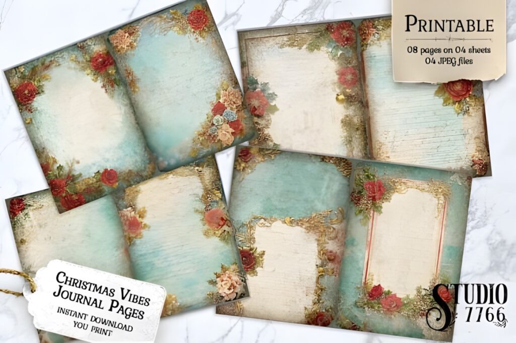 Christmas digital scrapbook paper with vintage floral and ornate gold frame designs on blue and beige backgrounds