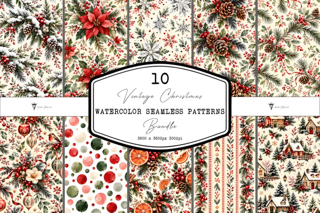 Christmas digital scrapbook paper featuring watercolor seamless patterns with poinsettias, pine cones, berries, and festive