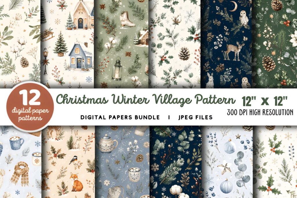 Christmas digital scrapbook paper featuring winter village scenes, snowy buildings, pine cones, and festive patterns