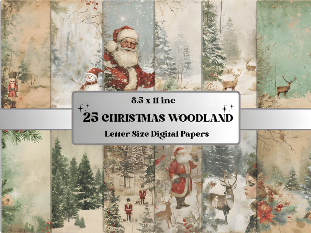 Christmas digital scrapbook paper featuring 25 letter-size woodland-themed backgrounds with Santa, forest animals, and