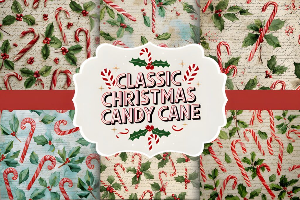 Classic Christmas Candy Cane Scrapbook with peppermint swirls and candy cane stripes in — Christmas digital scrapbook paper