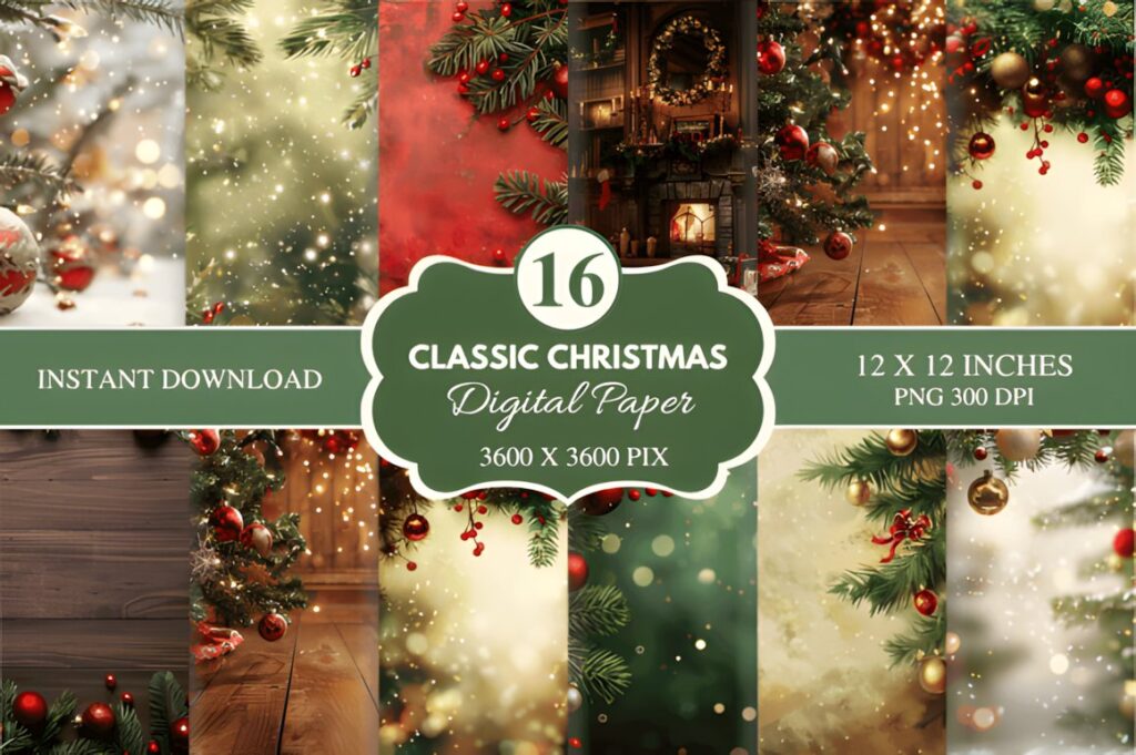 Christmas digital scrapbook paper with classic holiday designs featuring pine branches, ornaments, and warm lights
