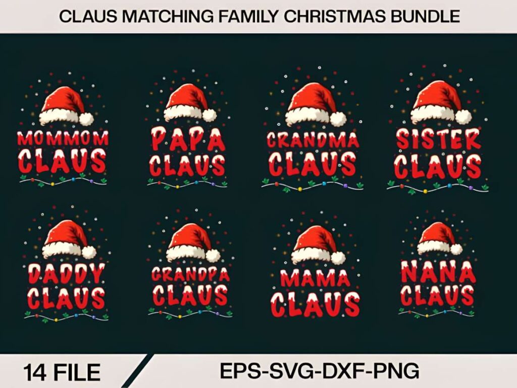 Christmas t-shirt design ideas for POD sellers featuring matching family Claus hats and names like Mom, Papa, Grandma