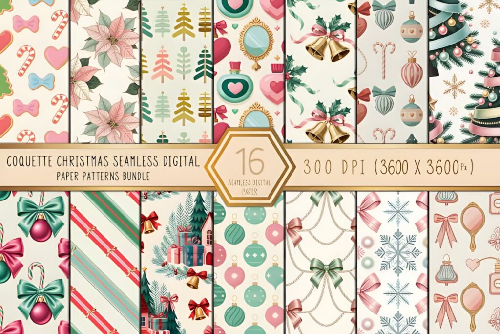 Christmas digital scrapbook paper with bows, poinsettias, ornaments, trees, and festive patterns in soft pastel colors