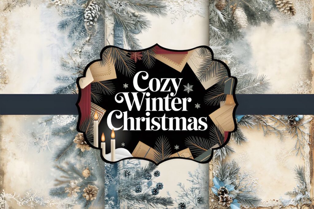 Christmas digital scrapbook paper featuring pine greenery, pine cones, and soft winter textures in cream and muted tones
