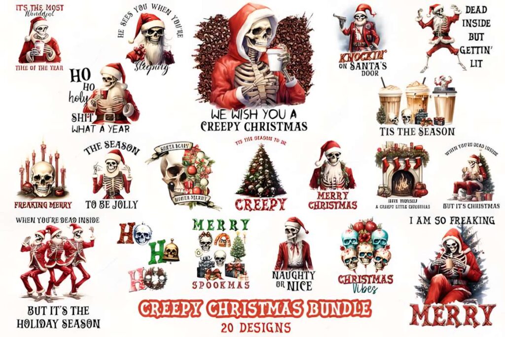 Christmas t-shirt design ideas for POD sellers featuring 20 creepy Christmas themed skeleton illustrations with holiday and