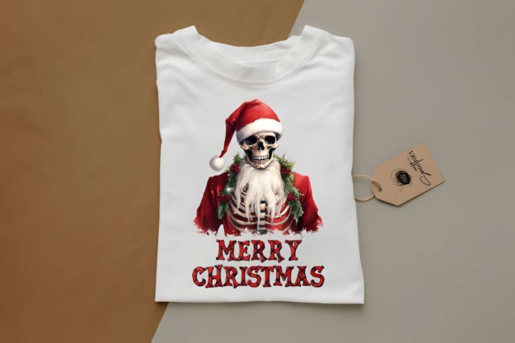 Christmas t-shirt design ideas for POD sellers featuring a skeleton in a Santa hat and beard with Merry Christmas text
