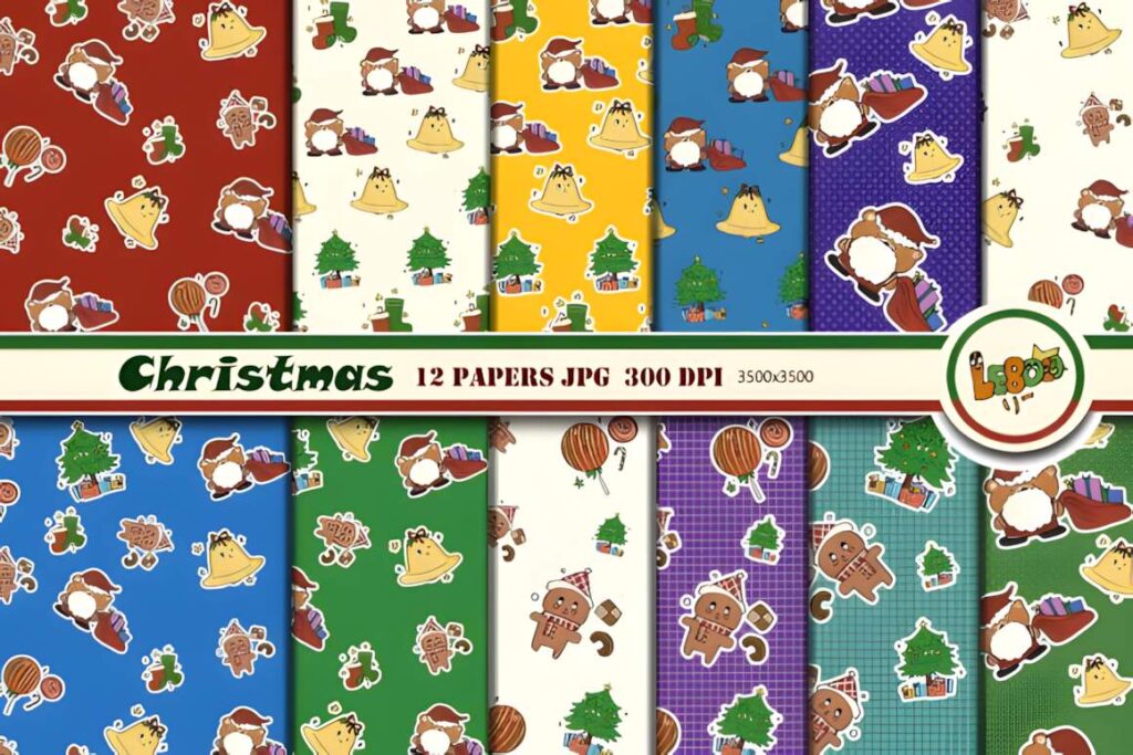 Christmas digital scrapbook paper set with 12 cute holiday-themed JPG patterns including bells, trees, gingerbread, and