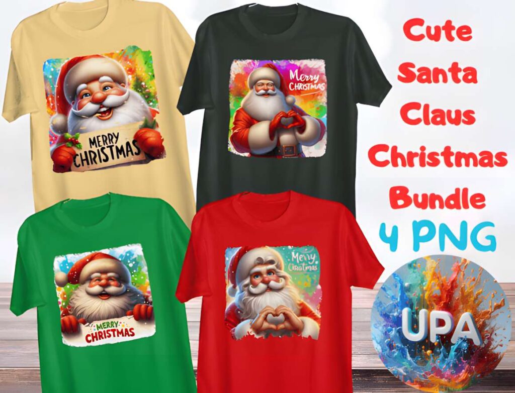 Christmas t-shirt design ideas for POD sellers featuring cute Santa Claus illustrations on colorful shirts