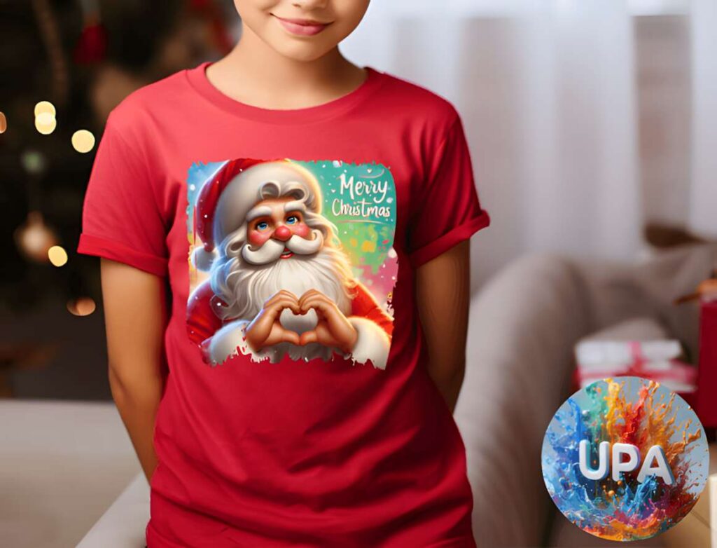Christmas t-shirt design ideas for POD sellers featuring a cute Santa Claus making a heart with his hands on a red shirt