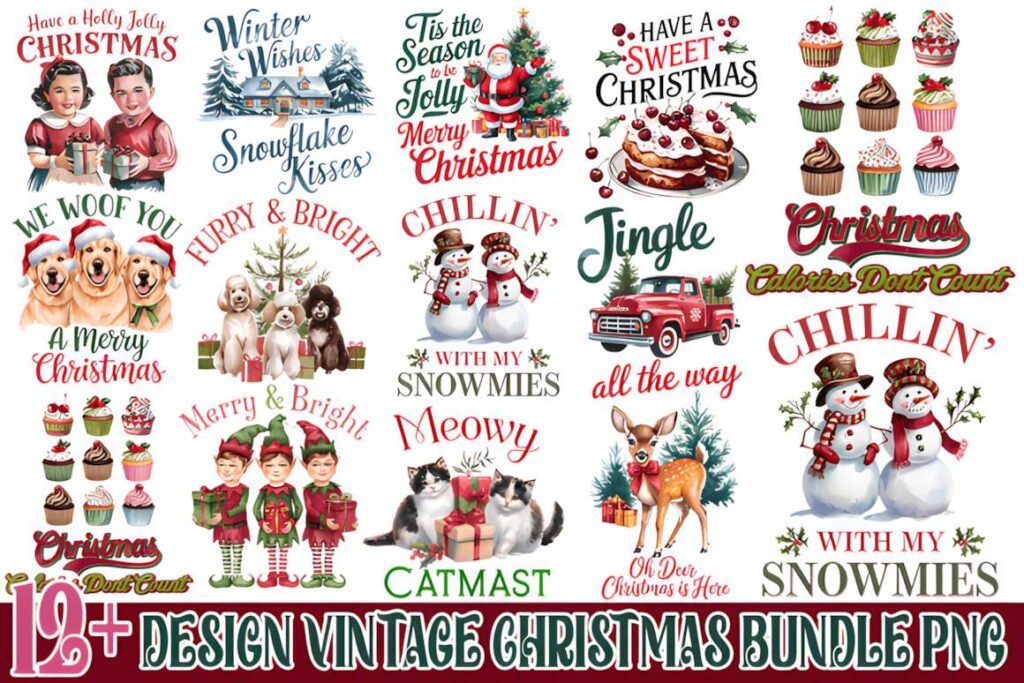 Christmas T-shirt design ideas for POD sellers featuring vintage style Christmas characters, animals, and festive phrases