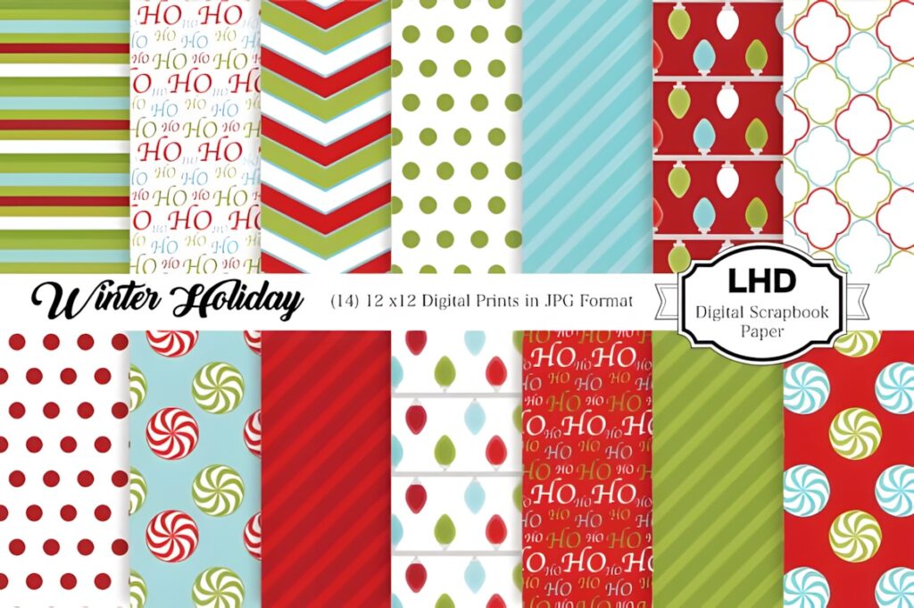 Christmas digital scrapbook paper with red, green, blue, and white patterns including stripes, polka dots, chevrons, and