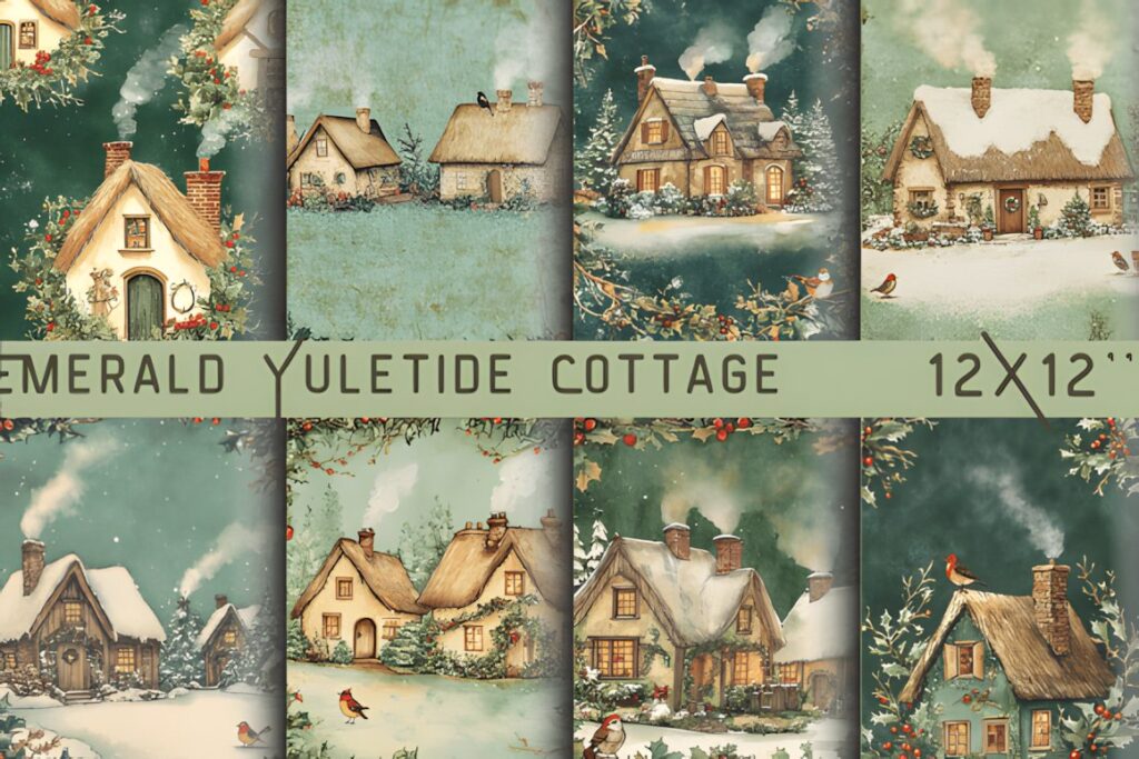 Christmas digital scrapbook paper featuring snowy cottages, evergreen branches, holiday lights, and seasonal decorations