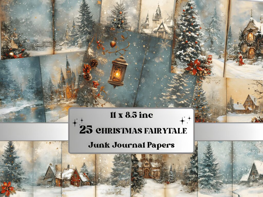 Christmas digital scrapbook paper featuring 25 letter-size fairytale-style Christmas designs with snowy trees and cottages