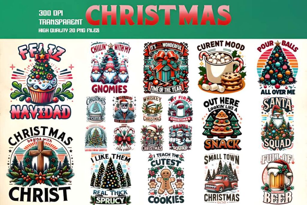 Christmas t-shirt design ideas for POD sellers featuring festive graphics like cupcakes, gnomes, Santa, and holiday-themed