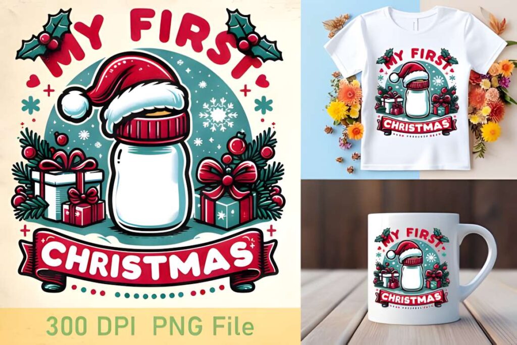 Christmas t-shirt design ideas for POD sellers featuring a festive milk bottle with Santa hat and gifts