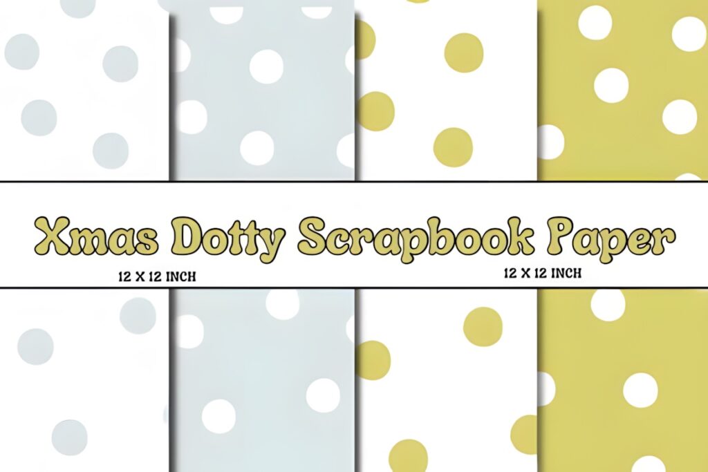 Christmas digital scrapbook paper for printables with white and gold polka dots on light blue and gold backgrounds