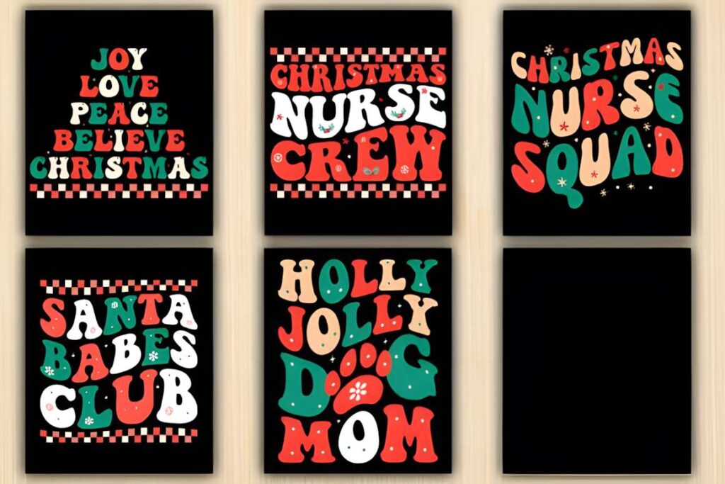 Christmas t-shirt design ideas for POD sellers featuring colorful festive phrases like Joy Love Peace Believe Christmas and