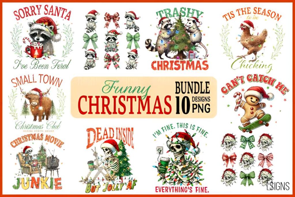 Christmas t-shirt design ideas for POD sellers featuring funny holiday characters and humorous slogans in a sublimation PNG