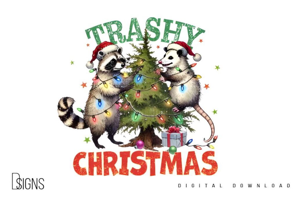 Christmas t-shirt design ideas for POD sellers featuring raccoon and opossum decorating a Christmas tree with lights and