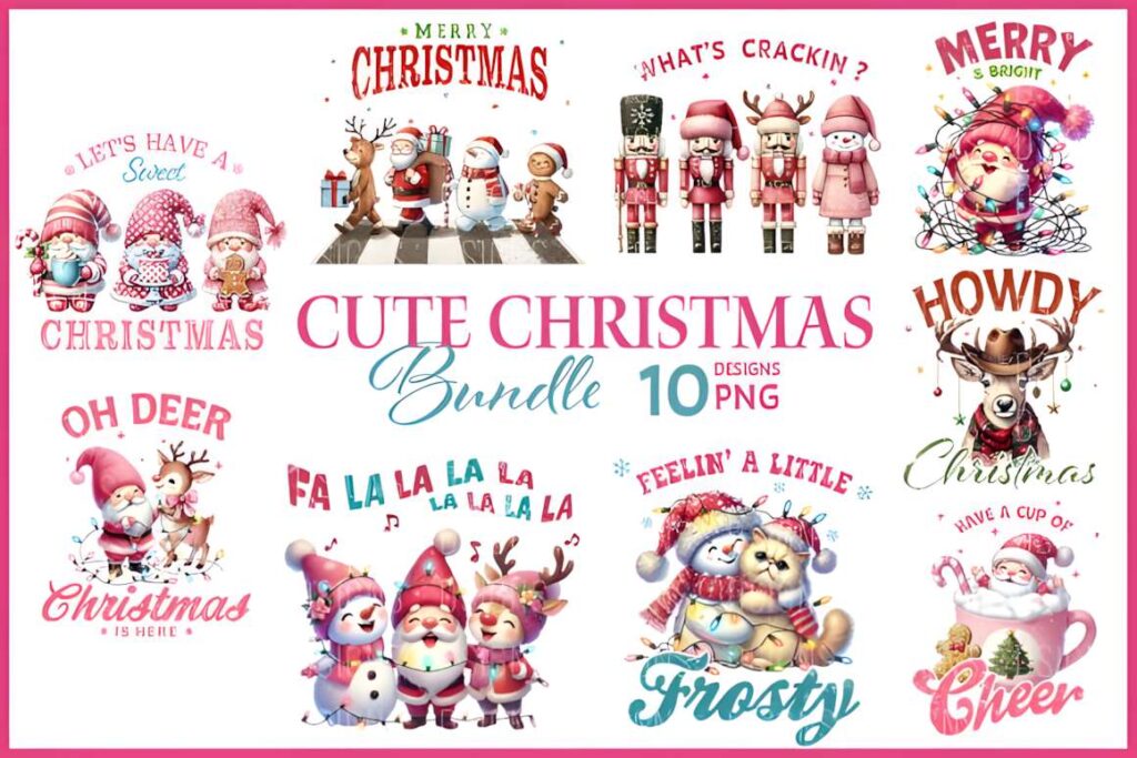 Christmas t-shirt design ideas for POD sellers featuring cute and funny holiday characters and phrases in a colorful bundle