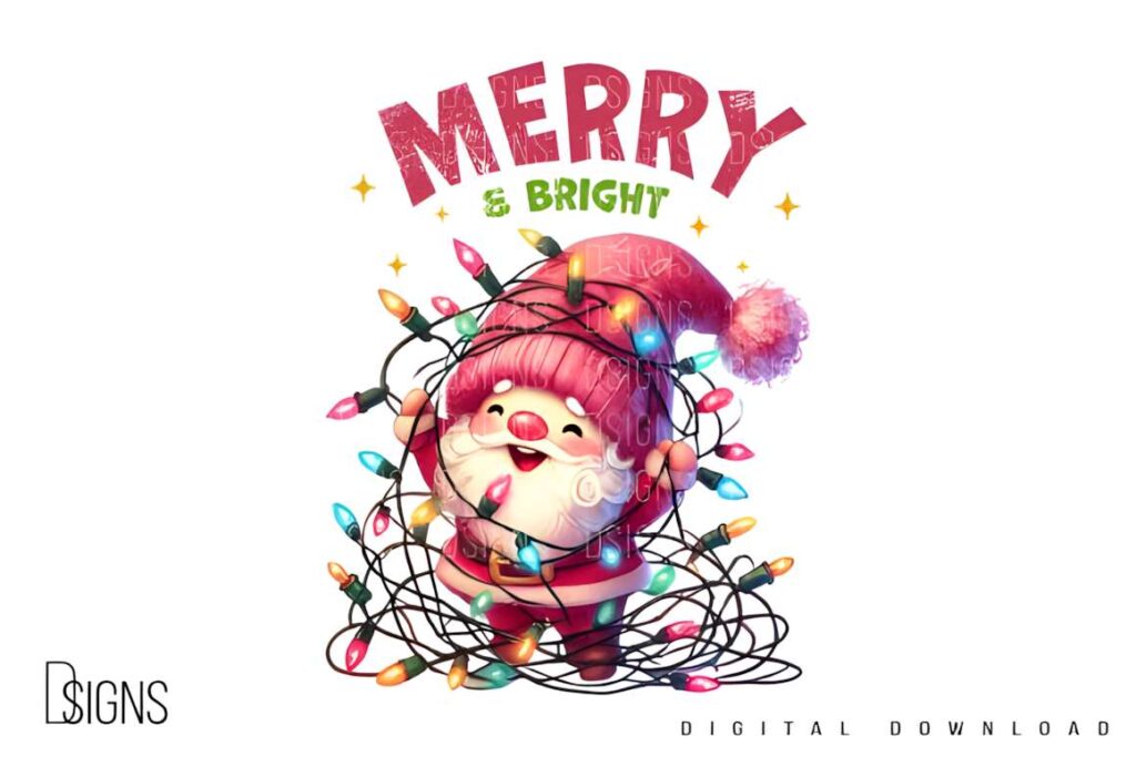 Christmas t-shirt design ideas for POD sellers featuring a cute Santa tangled in colorful Christmas lights with Merry &