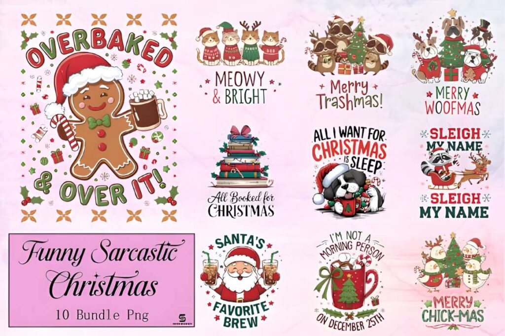 Christmas t-shirt design ideas for POD sellers featuring funny sarcastic holiday characters and phrases in a colorful bundle