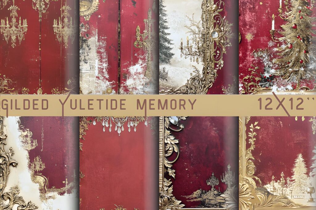 Christmas digital scrapbook paper with golden frames, vintage illustrations, and warm nostalgic backgrounds in red, green
