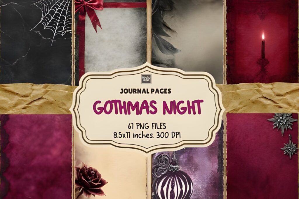 Christmas digital scrapbook paper set Gothmas Night with gothic holiday designs in black, burgundy, gold, and green