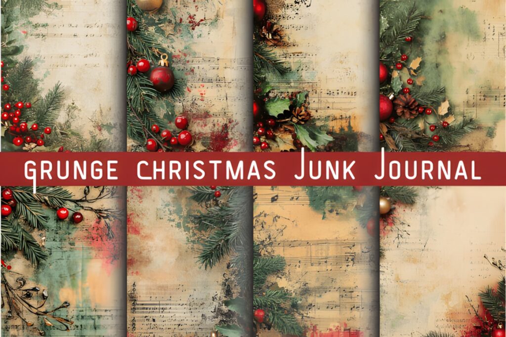 Christmas digital scrapbook paper with grunge textures, holly, lace, and rustic Christmas elements in deep red, cream