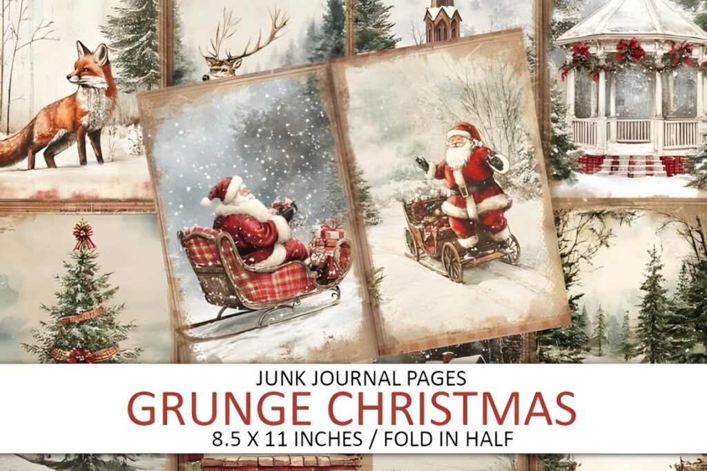 Christmas digital scrapbook paper featuring vintage Santa, reindeer, fox, Christmas tree, and snowy gazebo with grunge plaid