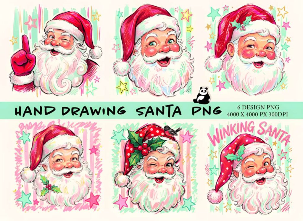 Hand drawn Santa illustrations in various expressions for Christmas t-shirt design ideas for POD sellers