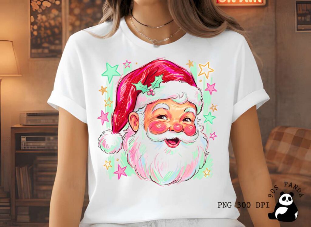 Christmas t-shirt design ideas for POD sellers featuring a hand-drawn Santa Claus face with colorful stars