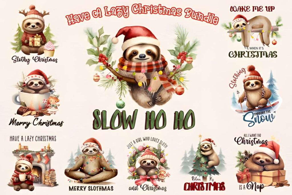 Christmas t-shirt design ideas for POD sellers featuring sloths in holiday themes with casual and humorous messages