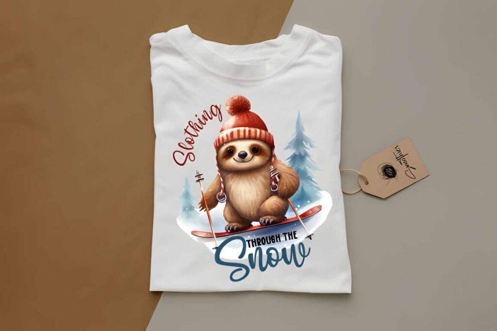 Christmas t-shirt design ideas for POD sellers featuring a sloth skiing with a red hat and scarf