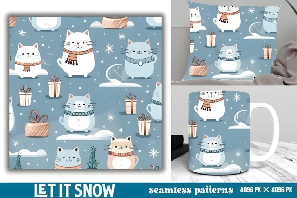 Christmas digital scrapbook paper featuring cats, snowmen, gifts, and snowflakes on a blue background