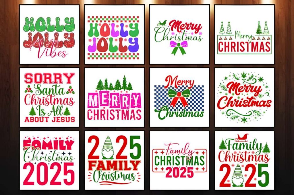 Christmas t-shirt design ideas for POD sellers featuring various festive text and graphics in red, green, and white