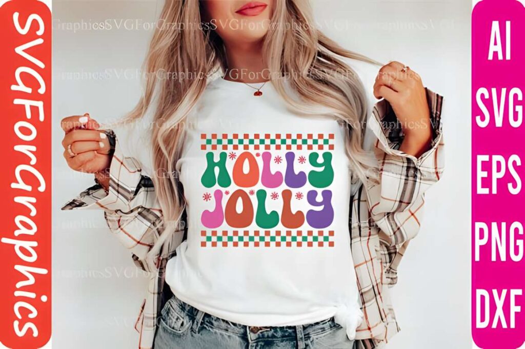 Christmas t-shirt design ideas for POD sellers featuring colorful Holly Jolly text with festive patterns