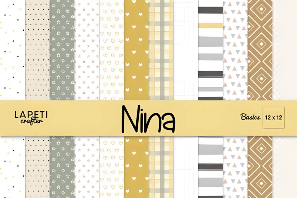 Christmas digital scrapbook paper pack with neutral beige, mustard, gray, and sage patterns in various designs