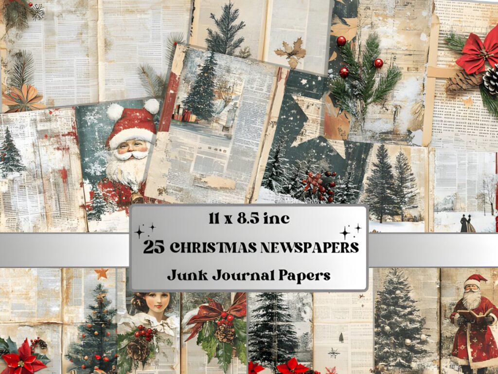 Christmas digital scrapbook paper featuring vintage newspaper designs with Santa, Christmas trees, and holiday decorations