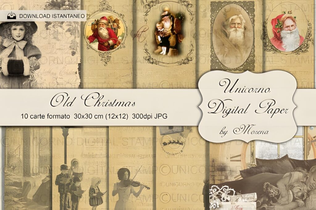 Christmas digital scrapbook paper for printables featuring vintage Victorian-style Santa Claus and children in sepia tones