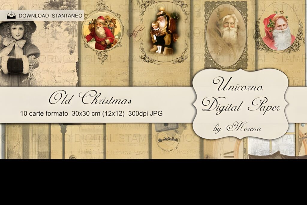 Vintage and Victorian style Christmas digital scrapbook paper with nostalgic Santa Claus and decorative aged backgrounds