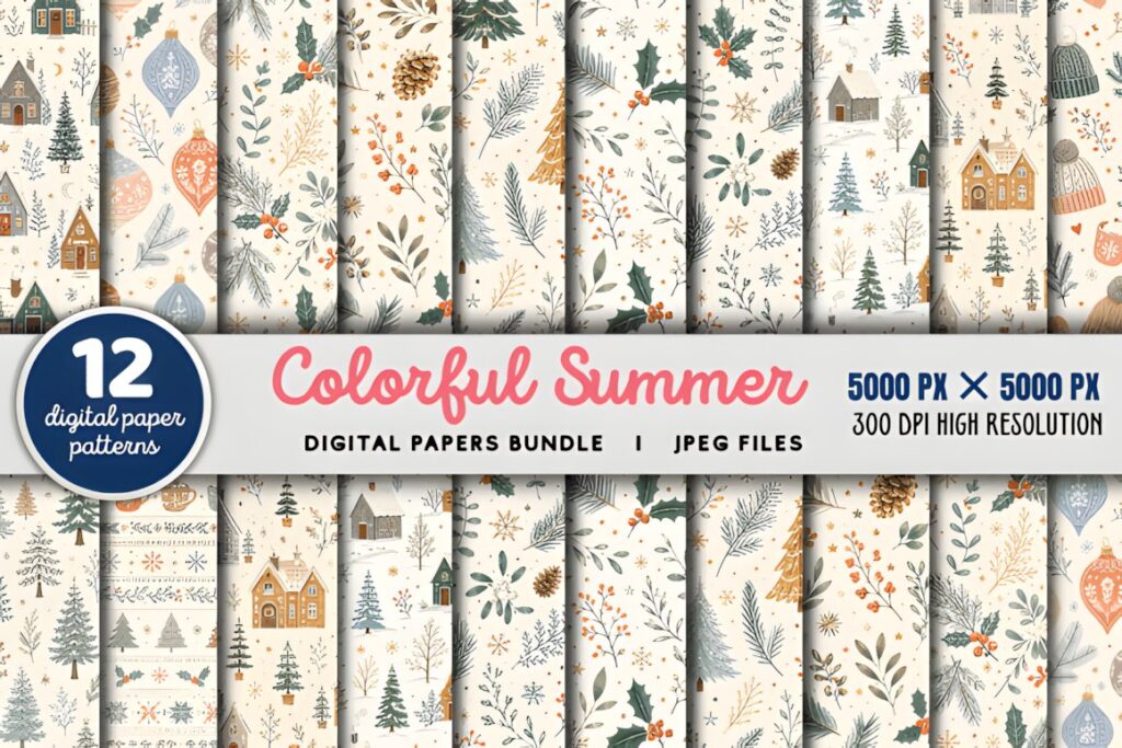 Christmas digital scrapbook paper with pastel balls and seasonal patterns in soft colors