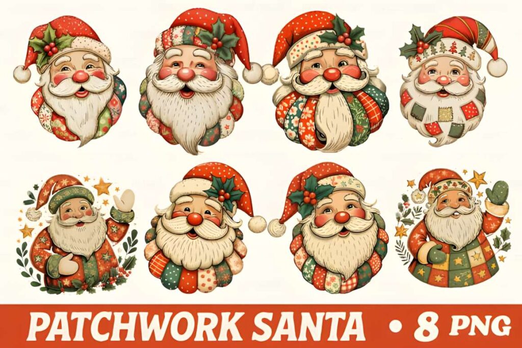 Patchwork Santa Claus Christmas Bundle with eight colorful Santa faces — Christmas T-shirt design ideas for POD sellers
