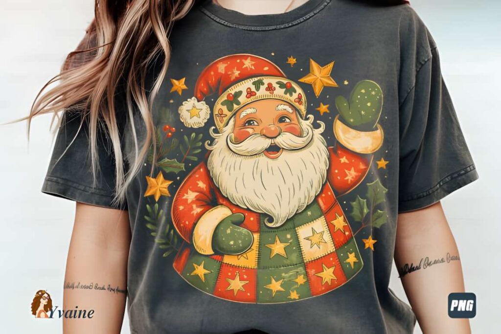 Christmas T-shirt design ideas for POD sellers featuring a patchwork Santa Claus with stars and holly on a dark shirt