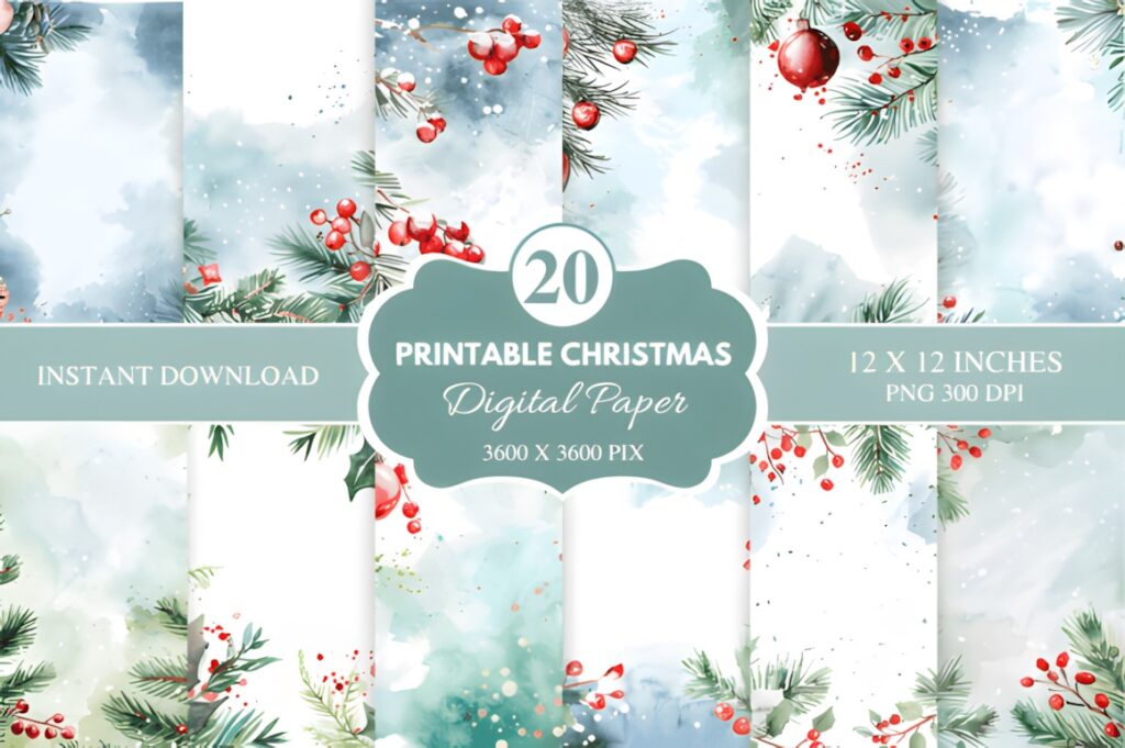 Christmas digital scrapbook paper for printables featuring 20 designs with holly, pine branches, and red berries on blue and